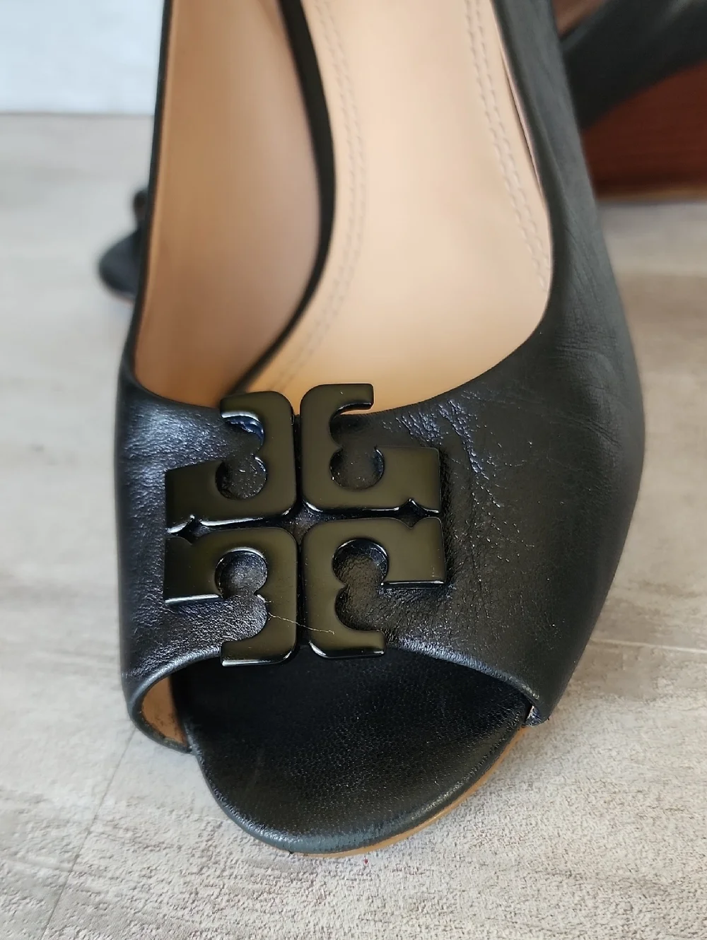 Tory Burch Black Lowell Peep Toe Wedge Pump Size 7.5